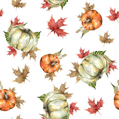 Hand painted watercolor autumn pattern of pumpkins,  leaves, red flowers, berries, branches. Pattern perfect for fabric textile, vintage paper,  scrapbooking