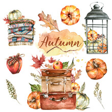 Hand Painted Watercolor Autumn Set With Suitcase, Plaid And Lantern With Pumpkins, Yellow Leaves, Orange Flowers, Berries, Branches. Set Perfect For Fabric Textile, Vintage Paper, Scrapbooking