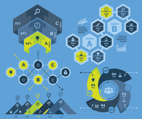 Infographic design set can be used for workflow layout, diagram, annual report, presentation, web design. Business and research concept with process and percentage charts.