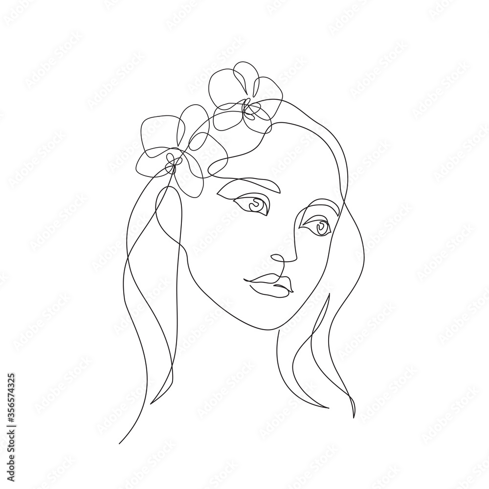 Beauty woman face with flowers one line drawing art. Abstract minimal ...