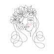 © ColorValley - Beauty woman face with flowers one line drawing art. Abstract minimal portrait continuous line. Minimalist Orchids flowers in hair Vector illustration
