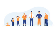 Man Life Cycle Concept. Set Of Male Character In Different Age. Baby, Kid, Boy, Pupil, Student, Adult, Pensioner, Old Man Standing In Line. Flat Vector Illustration For Age And Generation Topics