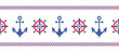 Nautical symbols. Anchors. Ship wheels. Border. Vector seamless pattern.