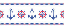 Nautical Symbols. Anchors. Ship Wheels. Border. Vector Seamless Pattern.