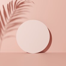 Creative Circular Backdrop With Palm Shadow Overlay For Product Display On Pink Pastel Background. 3d Illustration.