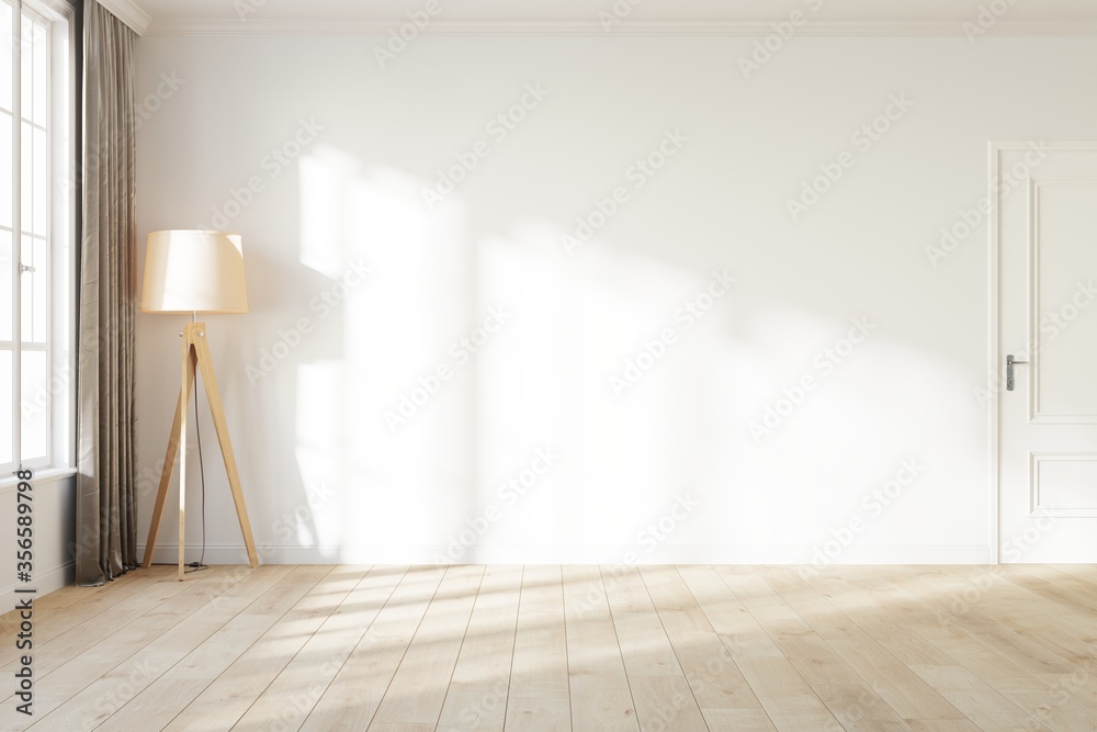 Blank white wall with a light from the window. Room mock up with a white wall, wooden floor lamp, white door and wooden floor. 3D illustration. - obrazy, fototapety, plakaty 