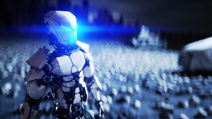 military robot and skulls of people. Dramatic apocalypse super realistic concept. Rise of the Machines. Dark future. 3d rendering.
