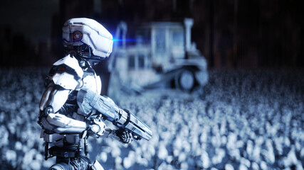 military robot and skulls of people. Dramatic apocalypse super realistic concept. Rise of the Machines. Dark future. 3d rendering.