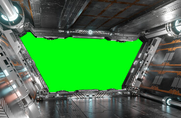 Poster - White and silver futuristic spaceship interior with green window 3d rendering