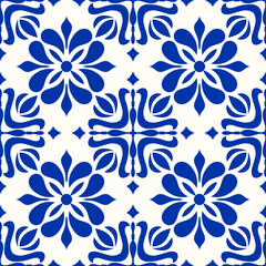 Wall Mural - Majolica pottery tile, blue and white azulejo, original traditional Portuguese and Spain decor. Seamless Damask pattern. Hand drawn pattern. Ceramic tile in talavera style. Vector