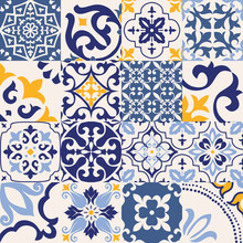 Set Of 16 Tiles Azulejos In Blue, Gray, Yellow. Original Traditional Portuguese And Spain Decor. Seamless Patchwork Tile With Victorian Motives. Ceramic Tile In Talavera Style. Gaudi Mosaic. Vector