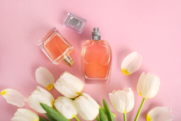 Wall Mural - Beautiful perfume bottle and tender white tulips