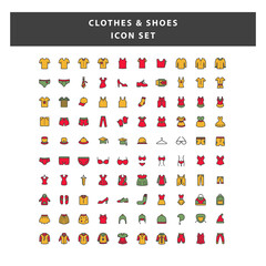 Wall Mural - set of Clothes and Shoes icon with filled outline style design vector