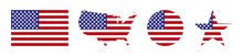America. USA Map With Flag America. USA. Star With Flag America. USA Map With Star And Flag In Circle, Isolated. Vector Illustration