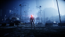 Military Robot In Destroyed City. Future Apocalypse Concept. 3d Rendering.