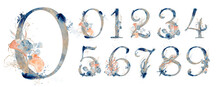 Watercolor Abstract Floral Marine Numbers Set With Gold Strokes From 0 To 9 Hand Drawn 