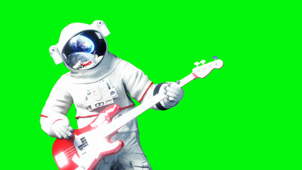 Wall Mural - Funny astronaut play to bass guitar . Green screen. 3d renderimg.