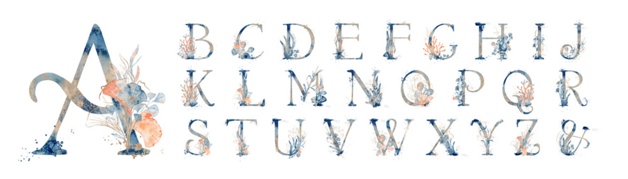 watercolor blue marine english alphabet set with floral elements from a to z hand drawn