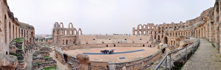 EL DJEM, TUNISIA - February 03, 2009: Panorama of arena of the ancient Roman El Jem amphitheater. 