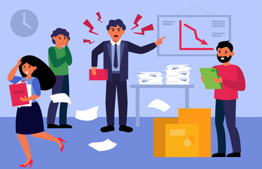 Wall Mural - Aggressive nervous boss shouting at employees and courier. Angry leader, stressful job flat vector illustration. Business, workplace violence concept for banner, website design or landing web page