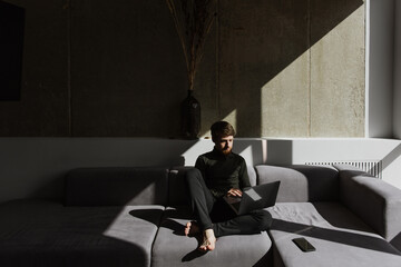 Young bearded man working on a laptop on the couch.