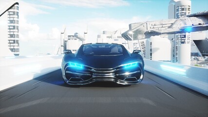 black futuristic electric car very fast driving in sci fi sity, town. Concept of future. 3d rendering.