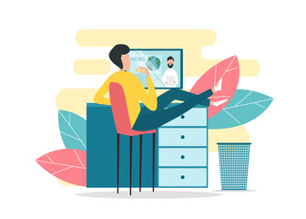 Poster - Guy watching news on television at home, vector illustration in flat style