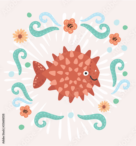 Fotomural Cartoon cute sea urchin on white backgound