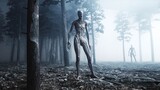 scary monster in fog night forest. Fear and horror. Mistic and ufo concept. 3d rendering.