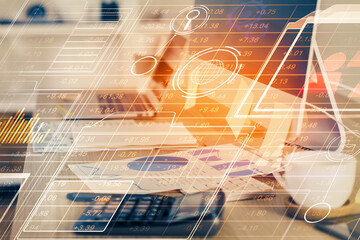 double exposure of desktop computer and technology theme hologram. concept of software development.