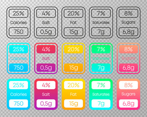 Poster - Food nutrition facts and daily value, labels templates. Nutrition facts info table, food and drink daily value in servings with percentage and grams for three style on transparent background. Vector.