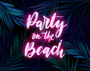 Wall Mural - Dark blue and violet tropical party design with palm leaves and neon letters. Summer night vector illustration.