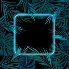 Wall Mural - Tropical glowing neon frame. Dark night jungle palm leaves. Summer vector background illustration.