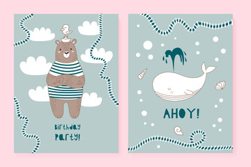 Wall Mural - A set of two cards with a cute bear and whale