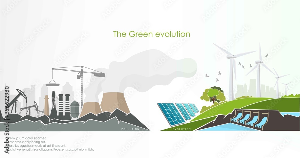 evolution of renewable energy concept of greening of the world. Vector illustration - obrazy, fototapety, plakaty 