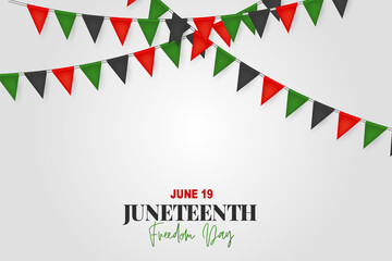 Wall Mural - Juneteenth Freedom Day. 19 June African American Emancipation Day. Annual American holiday. Black, red, and green banner background with lettering and bunting flags. Vector illustration.