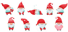 Fantastic Gnome Character With White Beard And Red Pointed Hat Vector Illustration Set