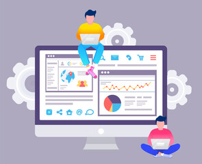 Fototapete - Web analytics information and development website statistic. Web CMS analysis measure, product testing technology, big data analytics. Dashboard site seo optimization. Digital marketing reports, flat