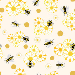 Wall Mural - Cute daisy flower and bees seamless pattern