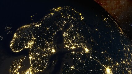 Wall Mural - sweden from space, night Norway from space 3d render