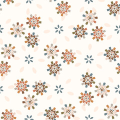  Seamless background folk art flower gender neutral baby pattern. Simple whimsical minimal earthy 2 tone color. Kids nursery wallpaper or boho floral nature fashion all over print