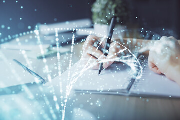 Poster - DNA theme hologram over woman's hands writing background. Concept of education. Double exposure