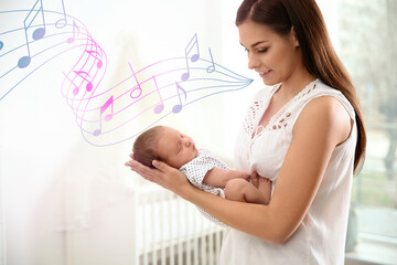 Poster - Flying music notes and young woman and her newborn baby at home. Lullaby songs