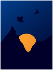 Wall Mural - Eagles silhouettes flying over sunset background