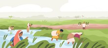 Smiling Indian Farmers Working In Paddy Field Vector Flat Illustration. Man And Woman In Traditional Clothes Picking Harvest. Male And Female Agricultural Workers At Plantation Landscape