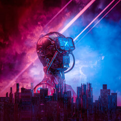 Wall Mural - android red dawn / 3d illustration of male science fiction humanoid cyborg rising behind modern city