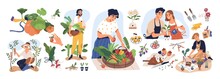 Set Of Different People Enjoy Gardening And Planting Vector Flat Illustration. Man And Woman With Fresh Vegetables And Fruits Isolated On White. Farmers And Gardeners Doing Job Or Agricultural Hobby