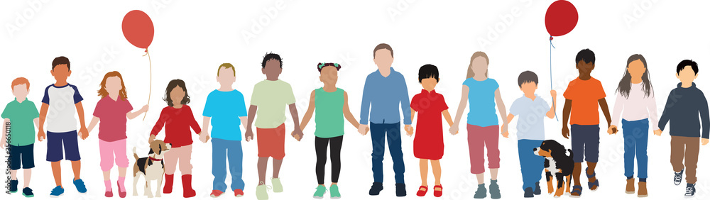 Group of multiethnic children walk together holding hands peacefully vector background - obrazy, fototapety, plakaty 