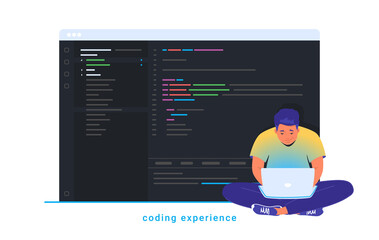 Coding experience and software development. Flat line vector illustration of cute man sitting in lotus pose with laptop and working. Abstract css script language on screen isolated on white background