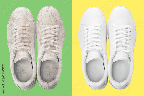 Pair of trendy shoes before and after cleaning on color backgrounds, top view Tableau sur Toile